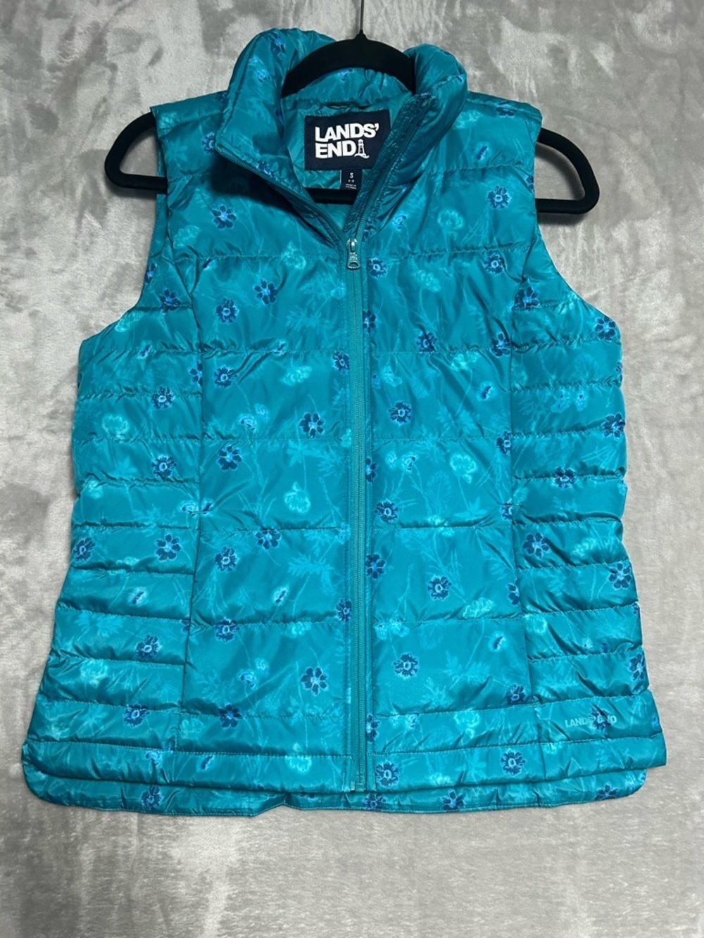Lands End Down Fill Puffer Vest Women’s Small Teal Blue Floral